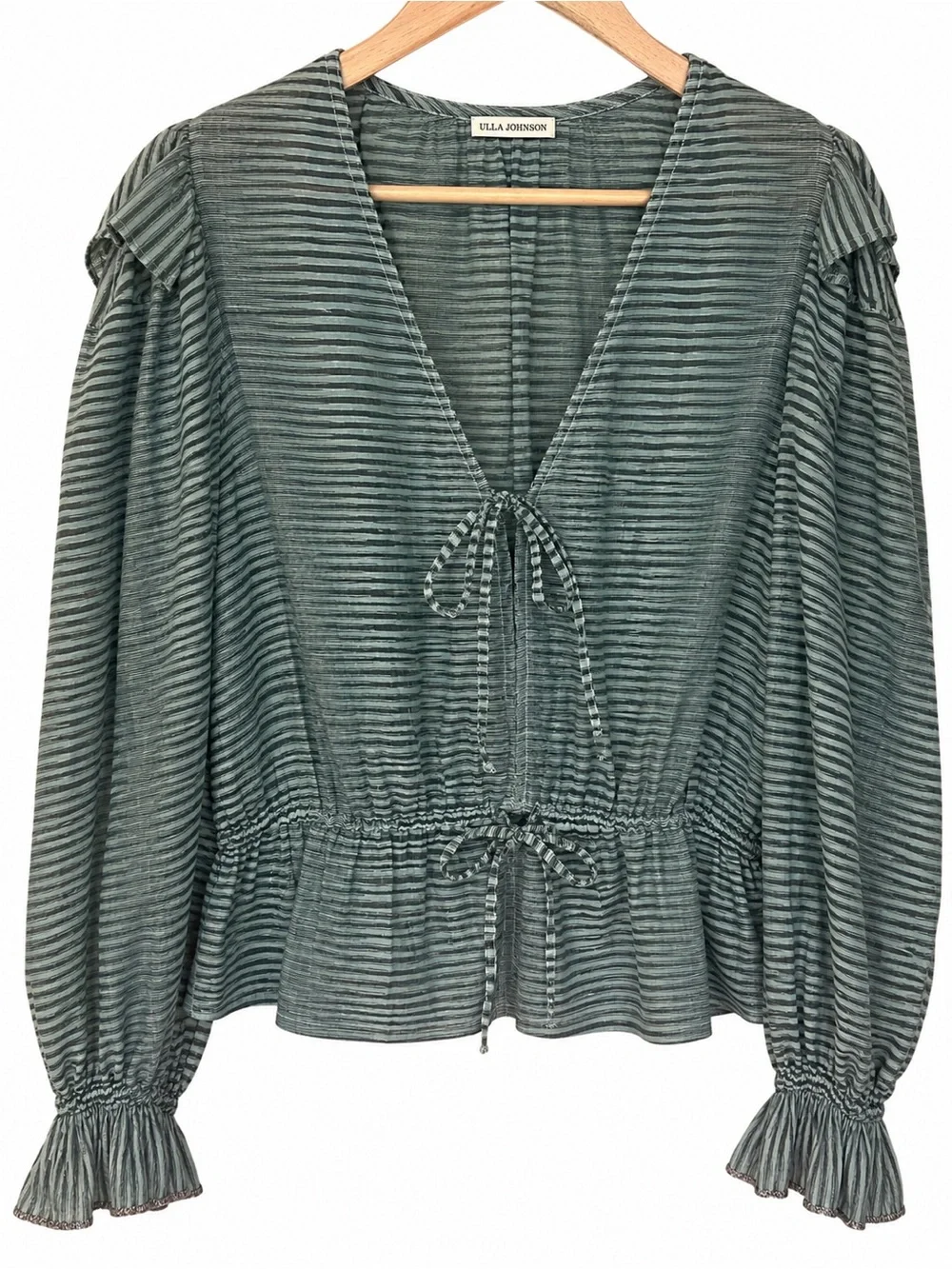 Ulla Johnson Ophelia Teal Striped Cotton Peplum Blouse Size 12